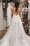 Long A-line V-neck Wedding Dress Open Back With Slit Lace Tulle