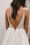 Long A-line V-neck Wedding Dress Open Back With Slit Lace Tulle