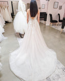 Long A-line V-neck Wedding Dresses With Lace Tulle Backless Design