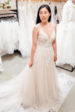 Long A-line V-neck Wedding Dresses With Lace Tulle Backless Design