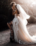 Long A-line Wedding Dress Sweetheart With 3D Floral Lace Appliques Tulle