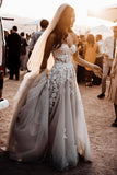 Long A-line Wedding Dress Sweetheart With 3D Floral Lace Appliques Tulle