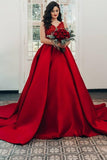 Long Ball Gown Princess Satin V-Neck Wedding Dress with Lace