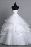 Long Ball Gown Strapless Tulle Layered Wedding Dress with Beaded Appliques