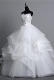 Long Ball Gown Strapless Tulle Layered Wedding Dress with Beaded Appliques