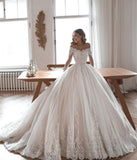 Long Ball Gown Wedding Dress with Sleeves, Lace, and Tulle