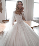 Long Ball Gown Wedding Dress with Sleeves, Lace, and Tulle