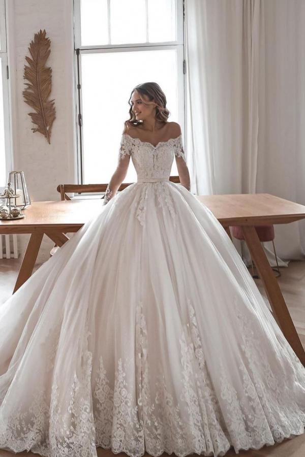 Long Ball Gown Wedding Dress with Sleeves, Lace, and Tulle