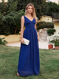 Long Chiffon V Neck Off The Shoulder Ruffle Floor Length Bridesmaid Dress