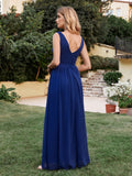 Long Chiffon V Neck Off The Shoulder Ruffle Floor Length Bridesmaid Dress