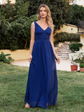 Long Chiffon V Neck Off The Shoulder Ruffle Floor Length Bridesmaid Dress