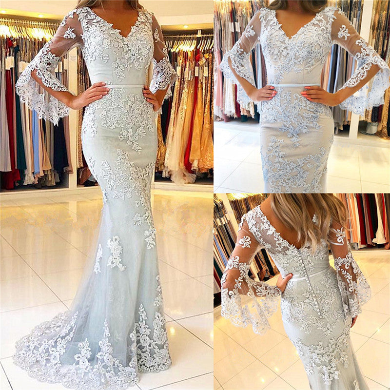 Long Half Sleeves Mermaid Prom Dress