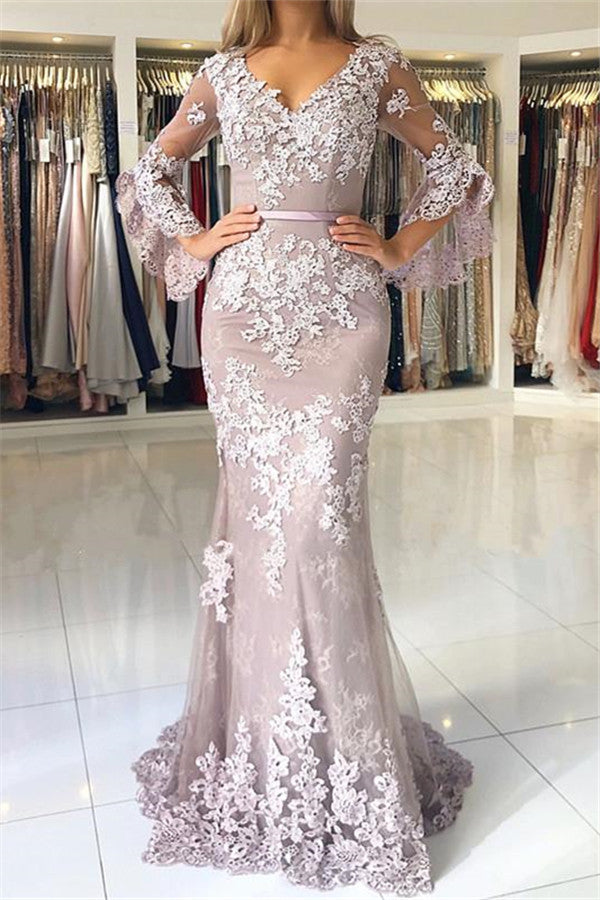 Long Half Sleeves Mermaid Prom Dress