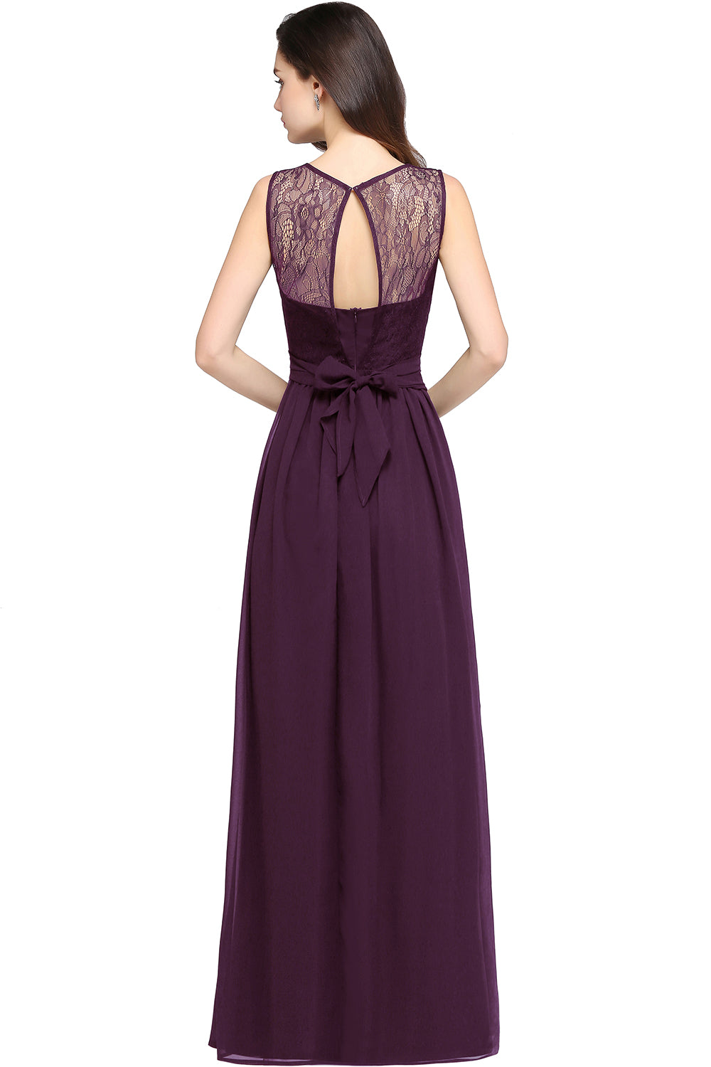 Long Off The Shoulder Round Neck Chiffon Bridesmaid Dress with Floral Lace and Ruffle