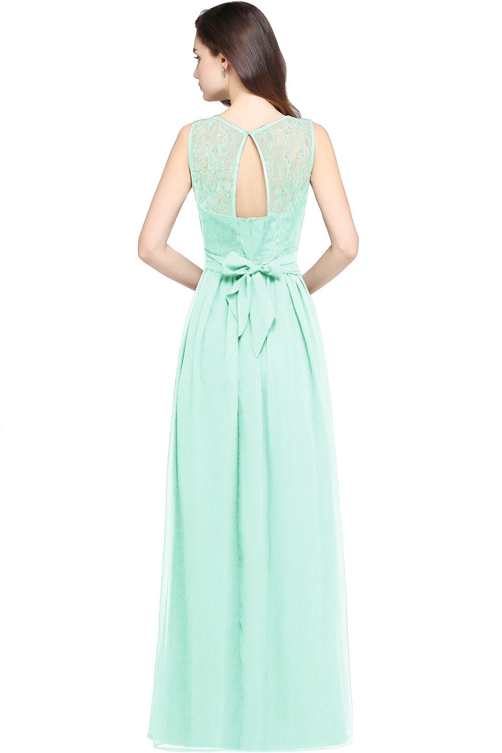 Long Off The Shoulder Round Neck Chiffon Bridesmaid Dress with Floral Lace and Ruffle