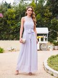 Long Off The Shoulder Round Neck Chiffon Bridesmaid Dress with Floral Lace and Ruffle