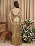 Long Open Back Sequins Scoop Neck Mermaid Floor Length Bridesmaid Dress