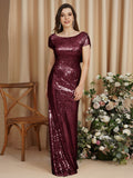 Long Open Back Sequins Scoop Neck Mermaid Floor Length Bridesmaid Dress