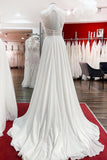 Long Satin A-line Wedding Dress Jewel Open Back With Ruffles Appliques