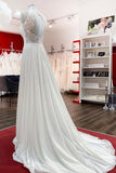 Long Satin A-line Wedding Dress Jewel Open Back With Ruffles Appliques