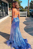 Long Sequined Straps Prom Dress with Feather Hem