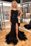 Long Sequined Straps Prom Dress with Feather Hem