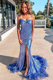 Long Sequined Straps Prom Dress with Feather Hem