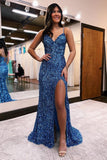 Long Sequins Evening Dress V Neck Tassel with High Slit