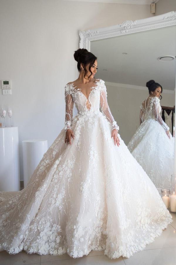 Long Sleeve A-Line Sweetheart Open Back Wedding Dress with Tulle Lace