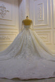 Long Sleeve Ball Gown Beaded Church Train Wedding Dress with Lace Appliques