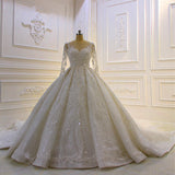 Long Sleeve Ball Gown Beaded Church Train Wedding Dress with Lace Appliques