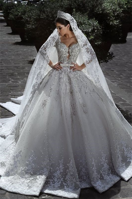 Long Sleeve Ball Gown Wedding Dress with Beading and Lace Appliques