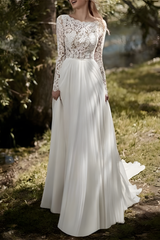 Simple Long Sleeve Open Back Lace Chiffon Long Wedding Dress