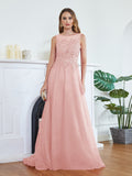 Long Sleeveless Round Neck Tulle A line Lace Appliques Bridesmaid Dress