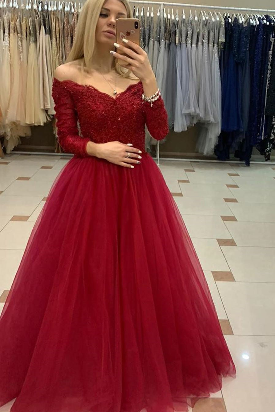 Long Sleeves Appliqued Burgundy Long Prom Dress