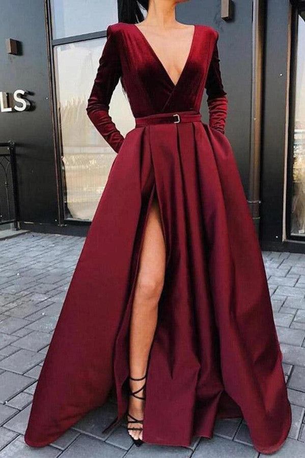 Long Sleeves Burgundy Prom Dress with Split