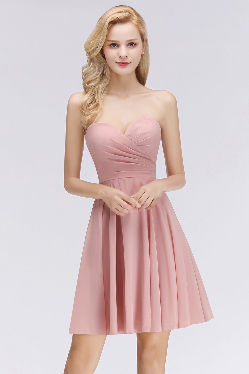 Lovely Sweetheart ruffle Pink Chiffon Short Bridesmaid Dresses Affordable-Babyonlines