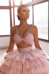 Luxurious Pink Deep V-Neck Sleeveless Prom Dress with Tulle Layered and Crystal