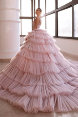 Luxurious Pink Deep V-Neck Sleeveless Prom Dress with Tulle Layered and Crystal