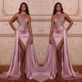 Mermaid Evening Dress with High Neck Split Beads and Ruffles