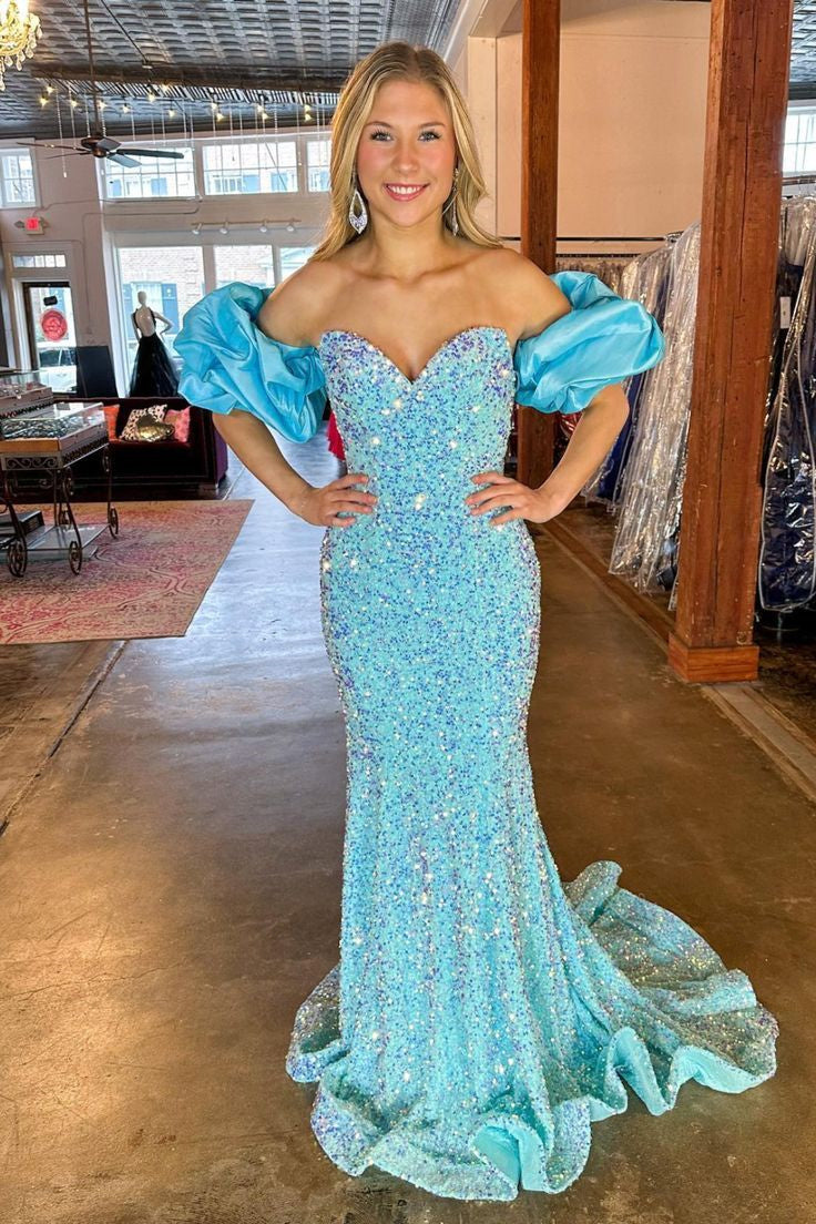 Mermaid Off-the-Shoulder Puff Sleeves Sequins Long Prom Dress