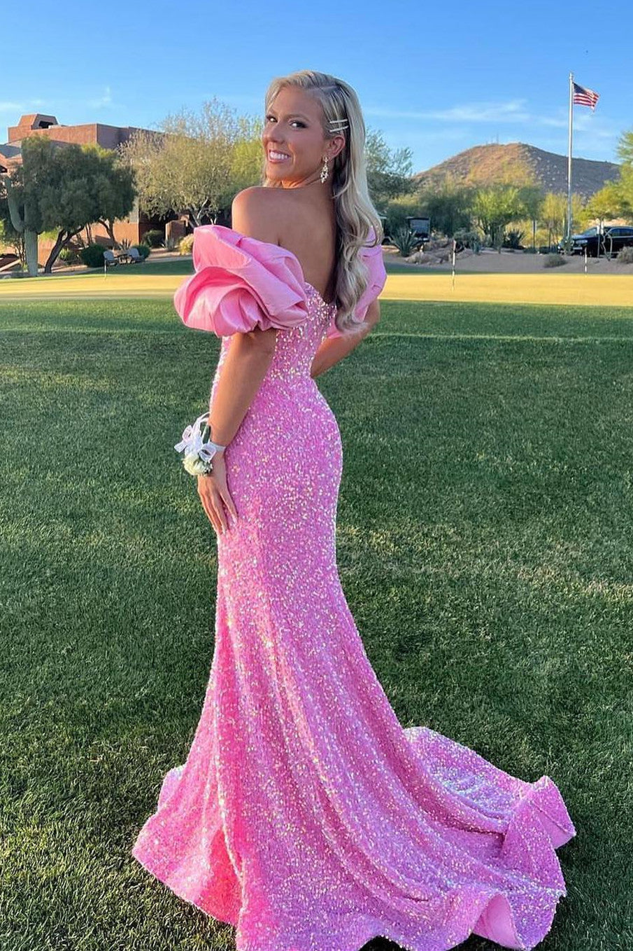 Mermaid Off-the-Shoulder Puff Sleeves Sequins Long Prom Dress