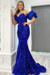 Mermaid Off-the-Shoulder Puff Sleeves Sequins Long Prom Dress