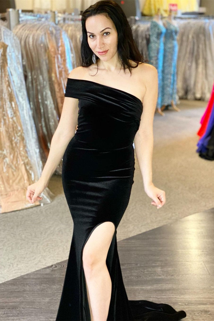 Mermaid Side Slit Black One Shoulder Velvet Prom Gown