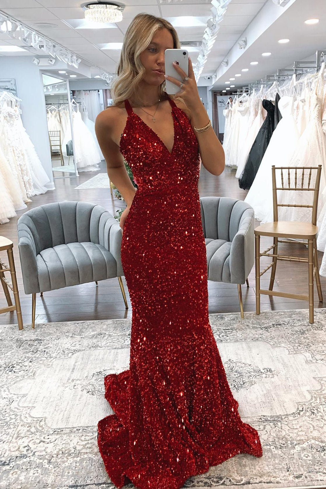 Mermaid V Neck Crossed Back Sequins Sweeping Long Prom Dress