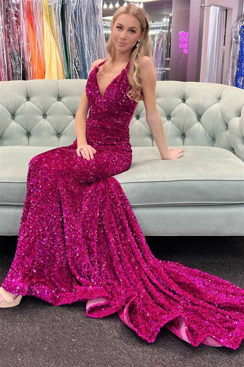 Mermaid V Neck Crossed Back Sequins Sweeping Long Prom Dress