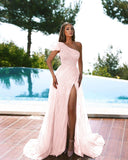 Modern One Shoulder Mermaid Evening Dress with Cap Sleeve, Beadings, Tulle, and Slit