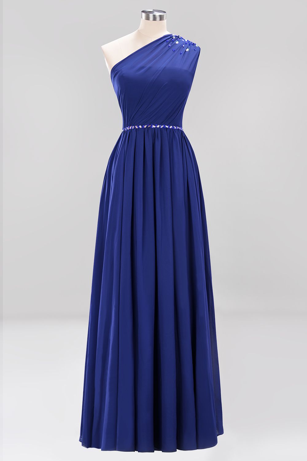 Modest One-shoulder Royal Blue Affordable Bridesmaid Dress with Beadings-Babyonlines