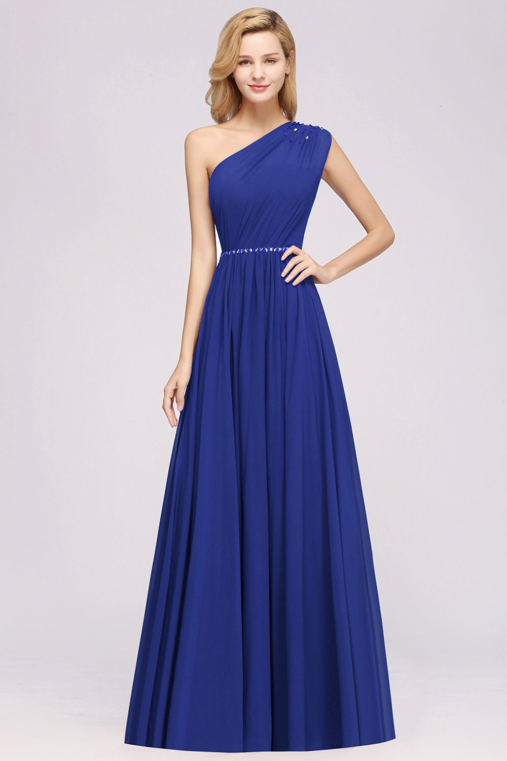 Modest One-shoulder Royal Blue Affordable Bridesmaid Dress with Beadings-Babyonlines