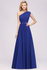 Modest One-shoulder Royal Blue Affordable Bridesmaid Dress with Beadings-Babyonlines